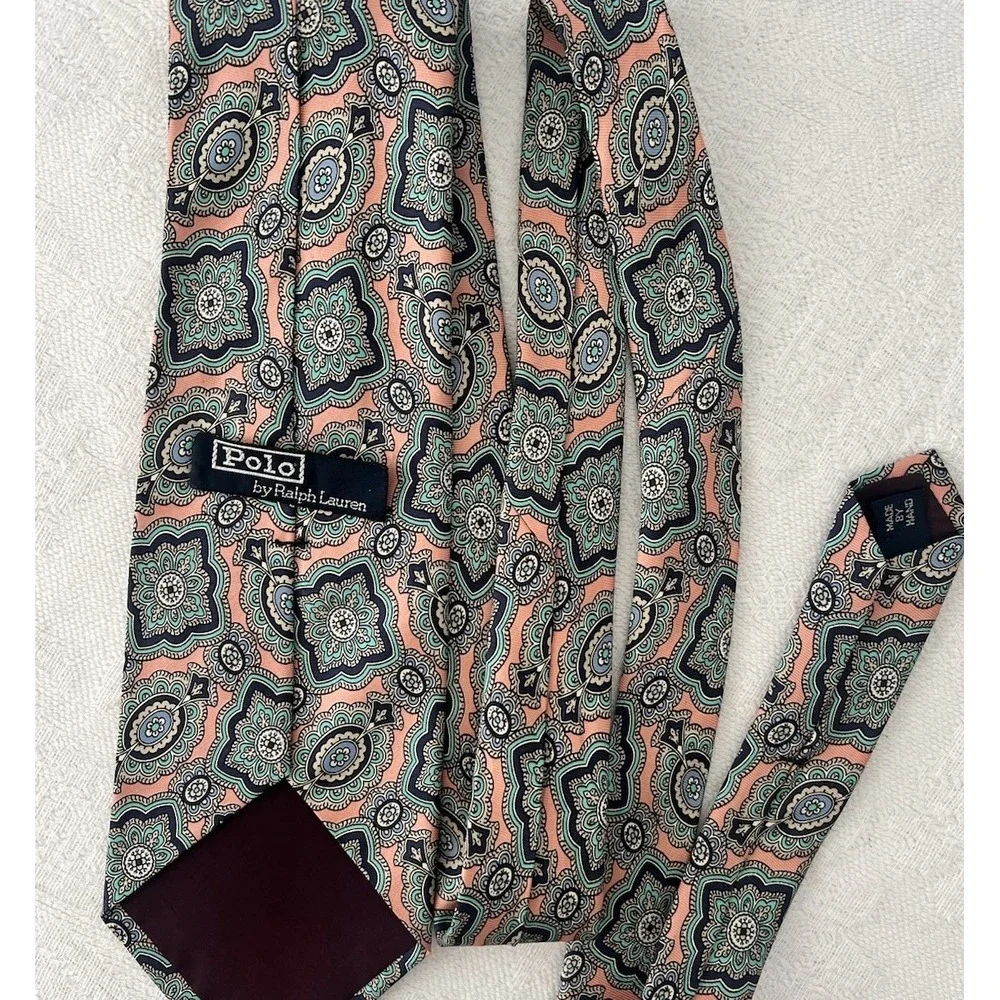 VTG POLO RALPH LAUREN 100% Silk Mens Neck Tie Pink Blue MADE IN USA 58